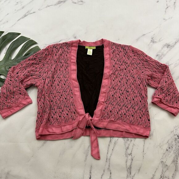 Sigrid Olsen Sweaters - Sigrid Olsen Vintage y2k Cropped Cardigan Sweater Size XL Pink Brown Crochet Bow